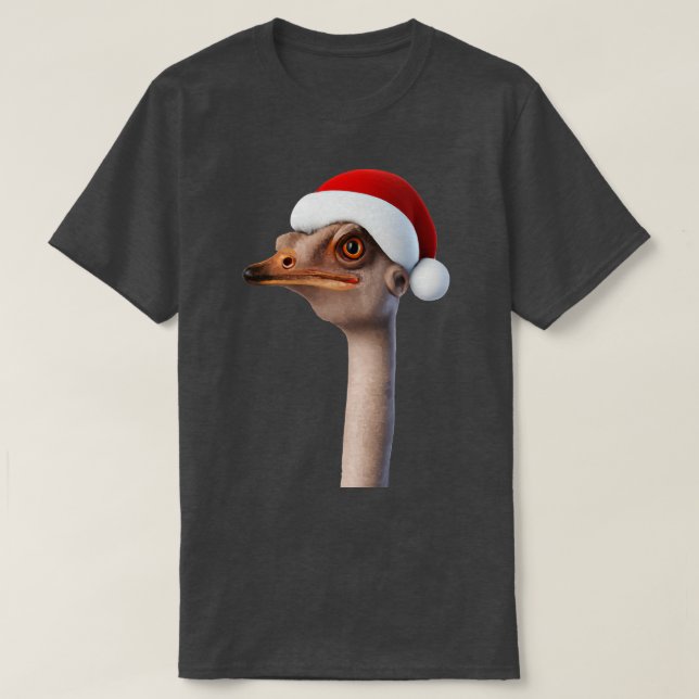 Fun Ostrich Weating Santa Hat Animal Humor T-Shirt (Design Front)