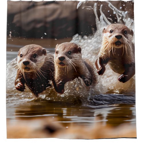 Fun Otters Running in Water Wildlife Animal Shower Curtain