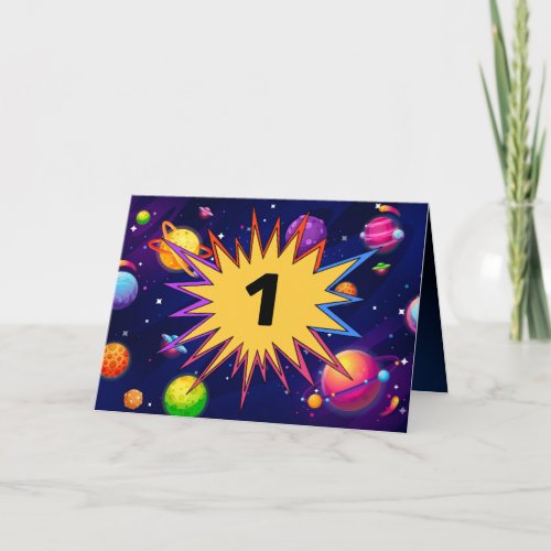 Fun Outer Space Planets Add Name Kids 1st Birthday Card