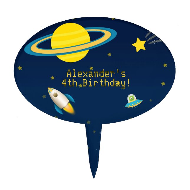 Fun Outer Space Rocket Birthday Cake Topper (Front)