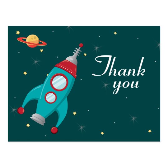 Fun outer space rocket birthday thank you postcard | Zazzle