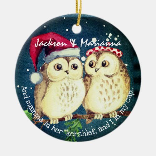 Fun Owl Couple Night Before Christmas  Ceramic Ornament