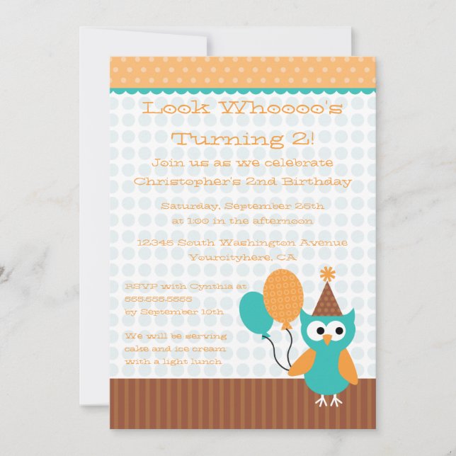 Fun owl holding balloons birthday party invitation (Front)