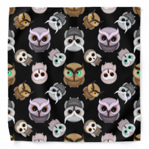 Fun Owl Pattern on Black Background Bandana