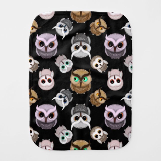Fun Owl Pattern on Black Background Burp Cloth (Front)