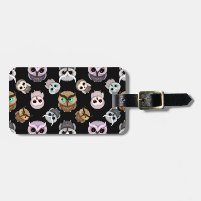 Fun Owl Pattern on Black Background Luggage Tag (Front Horizontal)