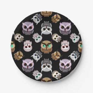 Fun Owl Pattern on Black Background Paper Plates