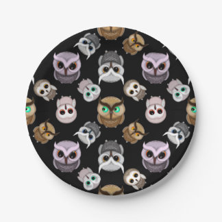 Fun Owl Pattern on Black Background Paper Plates
