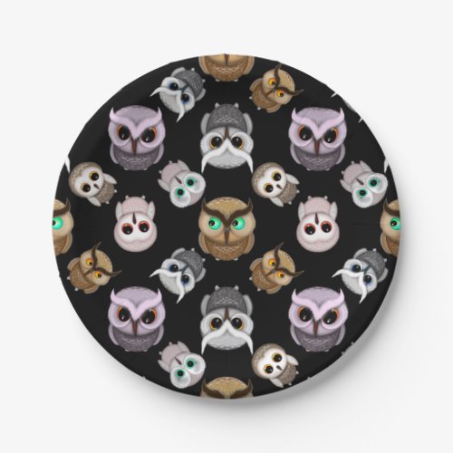 Fun Owl Pattern on Black Background Paper Plates