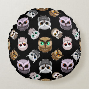 Fun Owl Pattern on Black Background Round Pillow