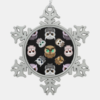 Fun Owl Pattern on Black Background Snowflake Pewter Christmas Ornament