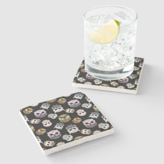 Fun Owl Pattern on Black Background Stone Coaster