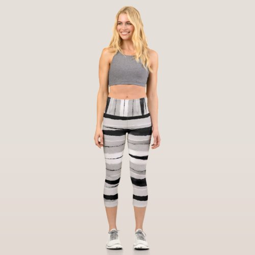 fun painted stripes gray and black patterned capri leggings