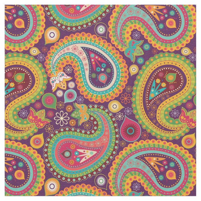 Fun Paisley Boho Colorful Floral Fabric (Close Up)