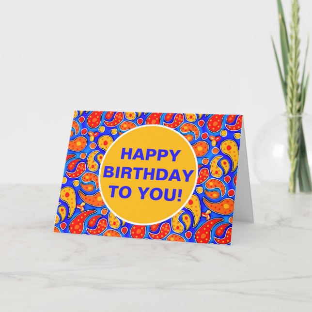 Fun Paisley Orange Red Yellow on Bright Royal Blue Card (Front)