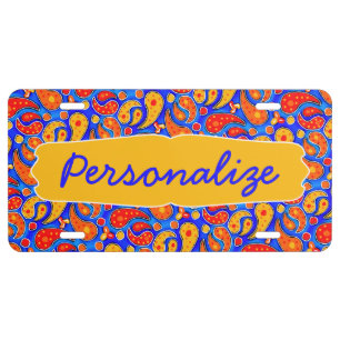 Fun Paisley Orange Red Yellow on Bright Royal Blue License Plate