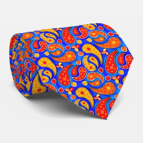 Fun Paisley Orange Red Yellow on Bright Royal Blue Tie