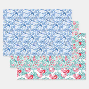 Fun Paisley patterns Blue Teal Red Wrapping Paper Sheets