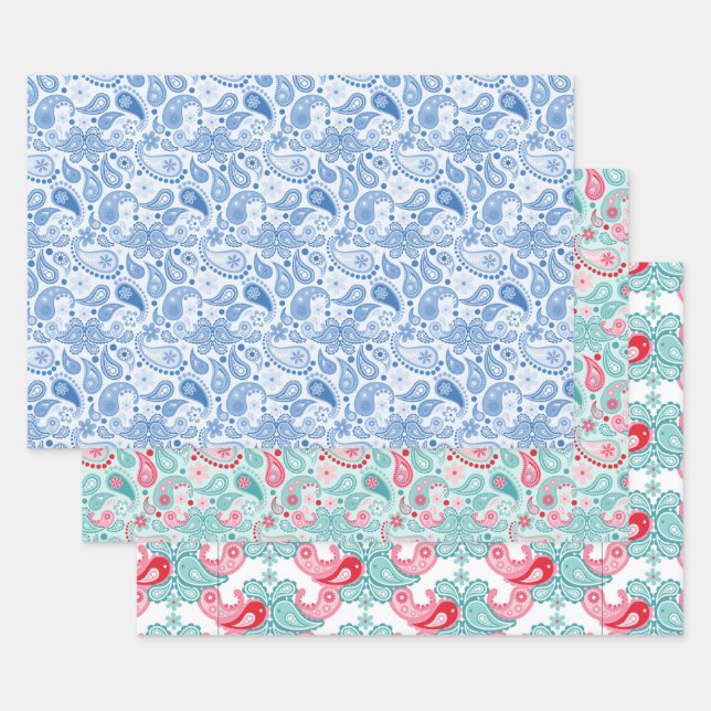 Fun Paisley patterns Blue Teal Red Wrapping Paper Sheets (Set)