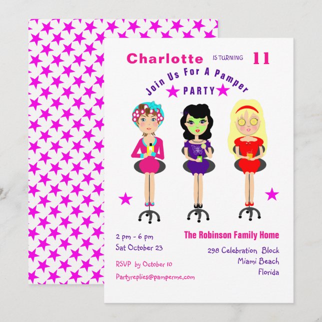 Fun Pamper Party Girls  Birthday Invites (Front/Back)