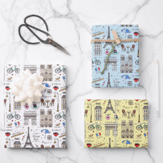 Fun Paris Doodles - 3 Colors Wrapping Paper Sheets