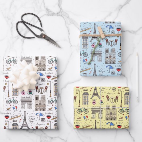 Fun Paris Doodles _ 3 Colors Wrapping Paper Sheets