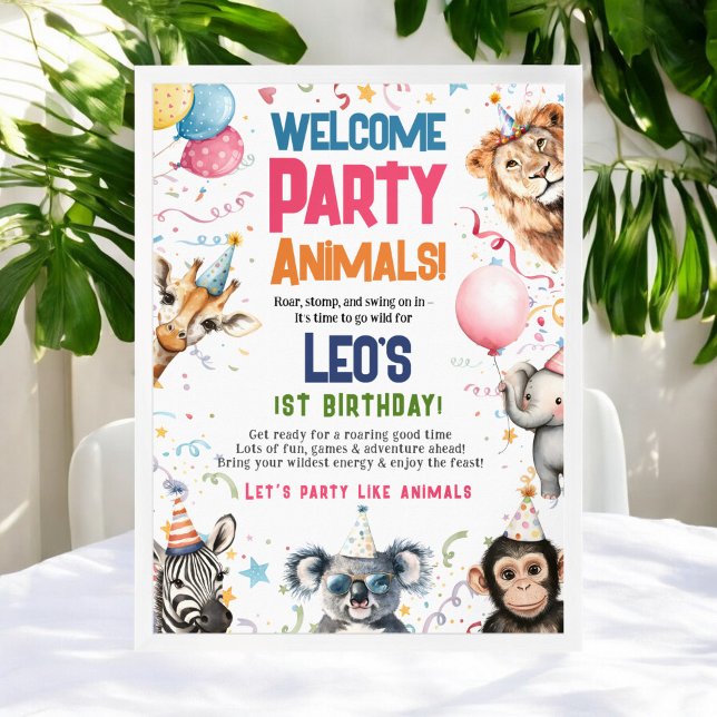 Fun Party Animals 1st birthday Welcome Poster (Fun Party Animals 1st birthday Welcome Poster)