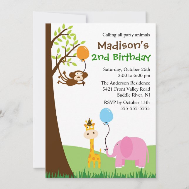 Fun Party Animals Safari 1st Birthday Invitation (Front)
