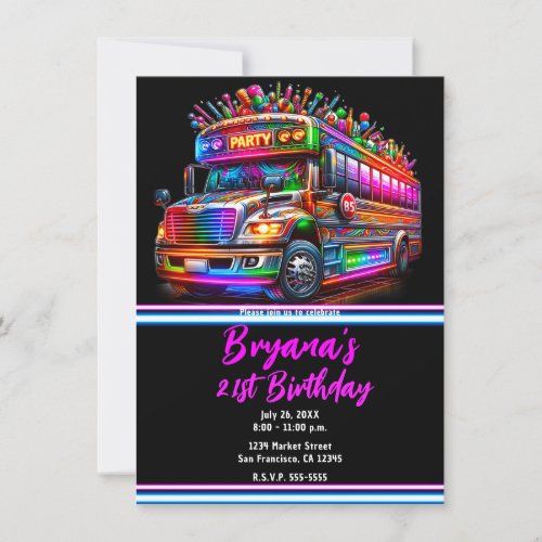 Fun Party Bus Bright Glowing Lights Birthday Party Invitation