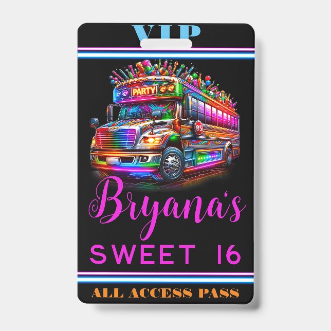 Fun Party Bus Bright Glowing Lights VIP Pass Badge (Front)