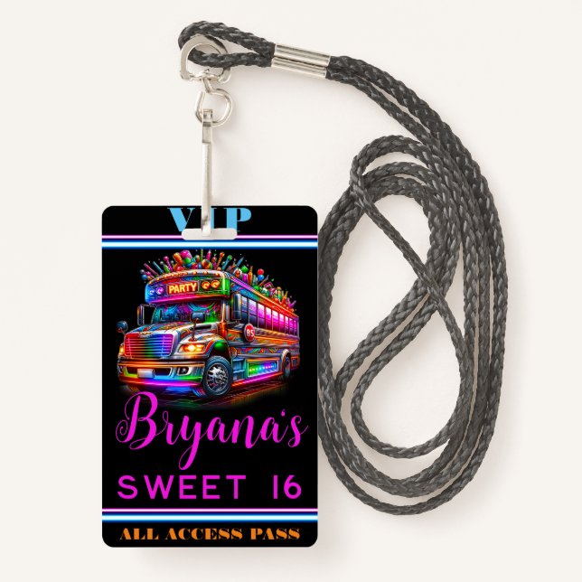 Fun Party Bus Bright Glowing Lights VIP Pass Badge (Front with Lanyard)