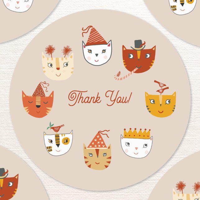 Fun Party Cat Thank You Classic Round Sticker (Fun party cat thank you sticker)
