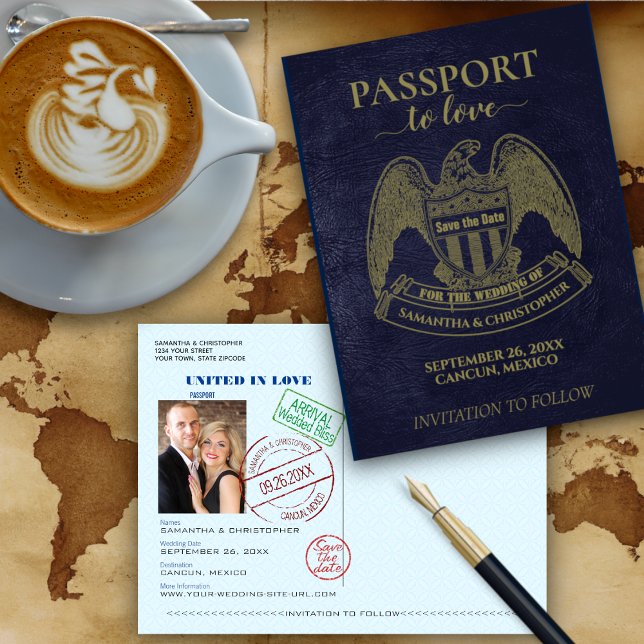 Fun Passport Destination Wedding Save the Date Postcard (Front and Back)