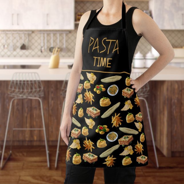 Fun Pasta Variety Pattern Ready to Personalize Apron (template pasta pattern apron with black background)