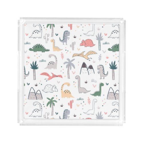 Fun Pastel Dinosaur Scene Pattern Acrylic Tray