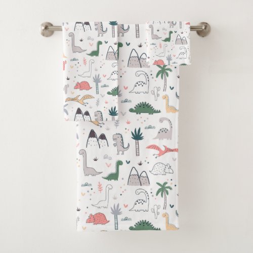 Fun Pastel Dinosaur Scene Pattern Bath Towel Set