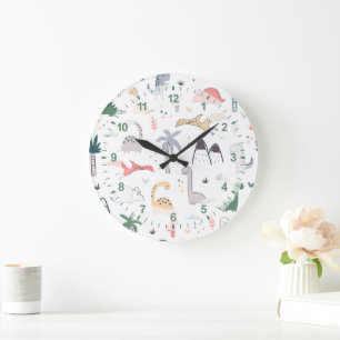 Fun Pastel Dinosaur Scene Pattern Large Clock