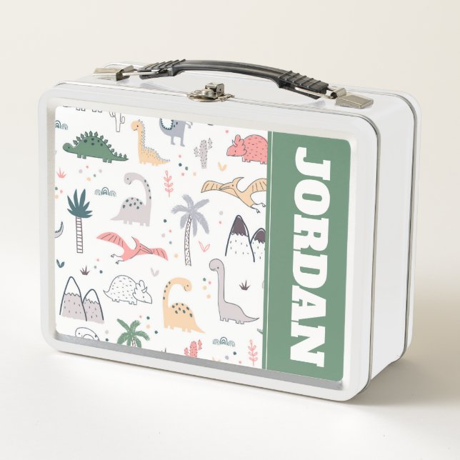 Fun Pastel Dinosaur Scene Pattern Metal Lunch Box (Front)