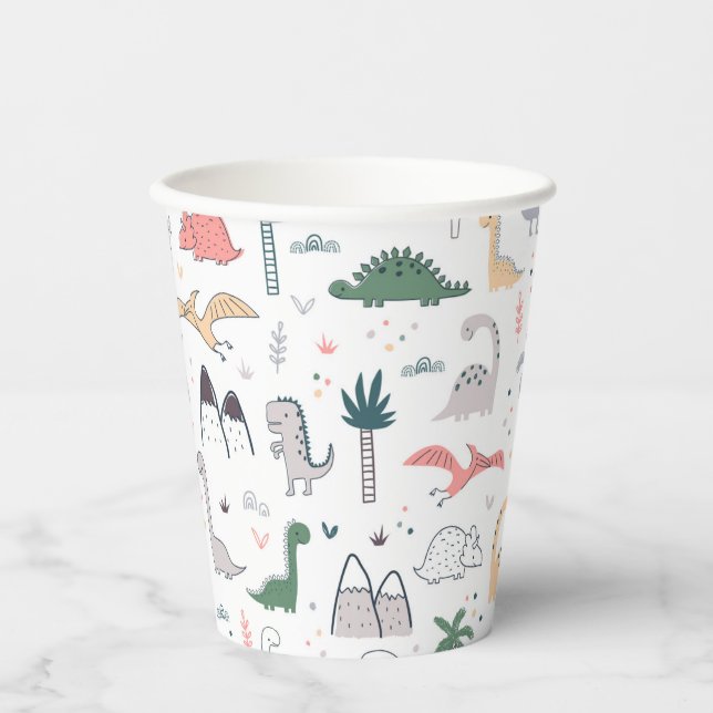 Fun Pastel Dinosaur Scene Pattern Paper Cups (Front)