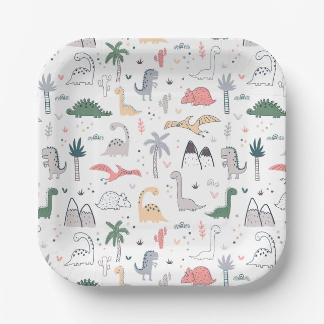 Fun Pastel Dinosaur Scene Pattern Paper Plates (Front)