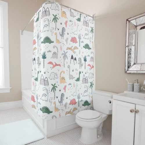 Fun Pastel Dinosaur Scene Pattern Shower Curtain