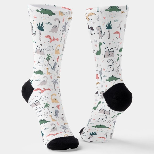 Fun Pastel Dinosaur Scene Pattern Socks (Angled)