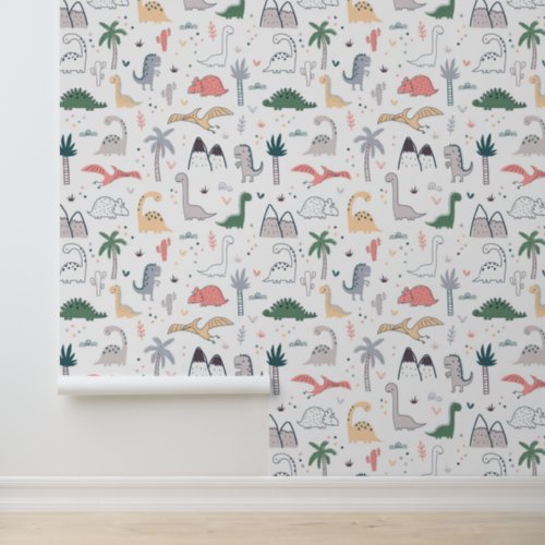 Fun Pastel Dinosaur Scene Pattern Wallpaper