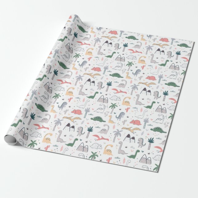 Fun Pastel Dinosaur Scene Pattern Wrapping Paper (Unrolled)