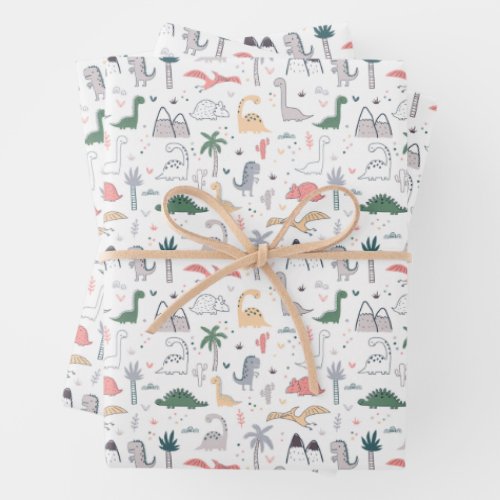 Fun Pastel Dinosaur Scene Pattern Wrapping Paper Sheets