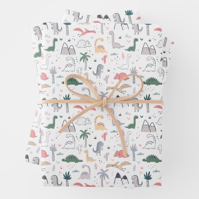 Fun Pastel Dinosaur Scene Pattern Wrapping Paper Sheets (In situ)
