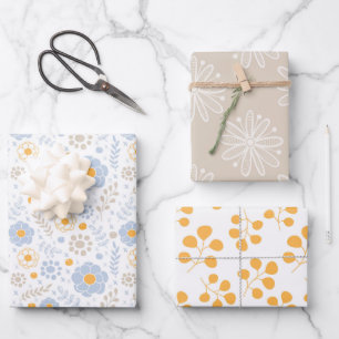 Fun Pastel Floral Modern Blue Taupe Yellow Wrapping Paper Sheets