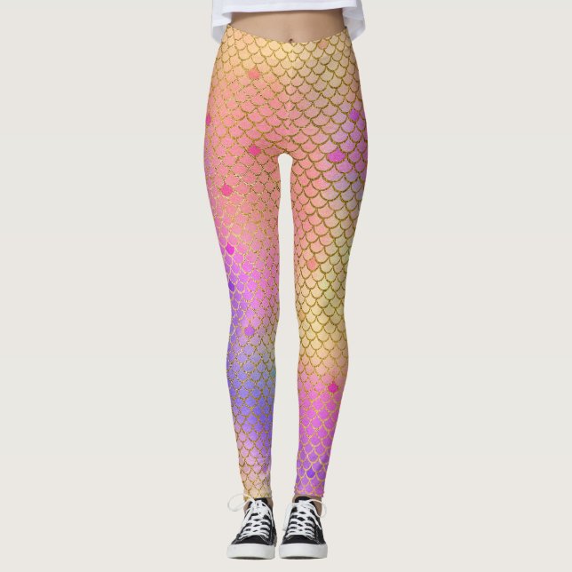 Fun Pastel Pink and Orange Mermaid Scales Pattern Leggings (Front)