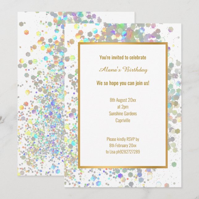 FUN PASTEL RAINBOW WHITE HOLOGRAPHIC SPOT BIRTHDAY INVITATION (Front/Back)