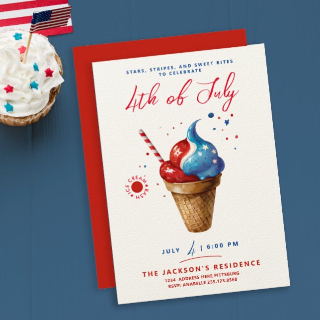Fun Patriotic Ice Cream US Flag Red Watercolor Invitation (Creator Uploaded)